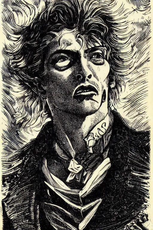 Prompt: 19th century wood-engraving of a vampire named Dio Brando, whole page illustration from Jules Verne book titled Stardust Crusaders, art by Édouard Riou Jules Férat and Henri de Montaut, frontal portrait, high quality, beautiful, highly detailed, removed watermarks