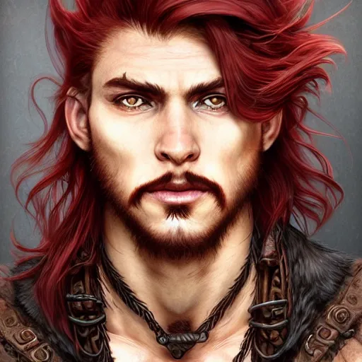 Image similar to portrait of a boar - man hybrid pirate, male, handsome, masculine, full body, red hair, long hair, soft hair, fantasy, intricate, elegant, highly detailed, steampunk, airship, digital painting, artstation, concept art, character art, smooth, sharp focus, illustration, art by artgerm and greg rutkowski and alphonse mucha