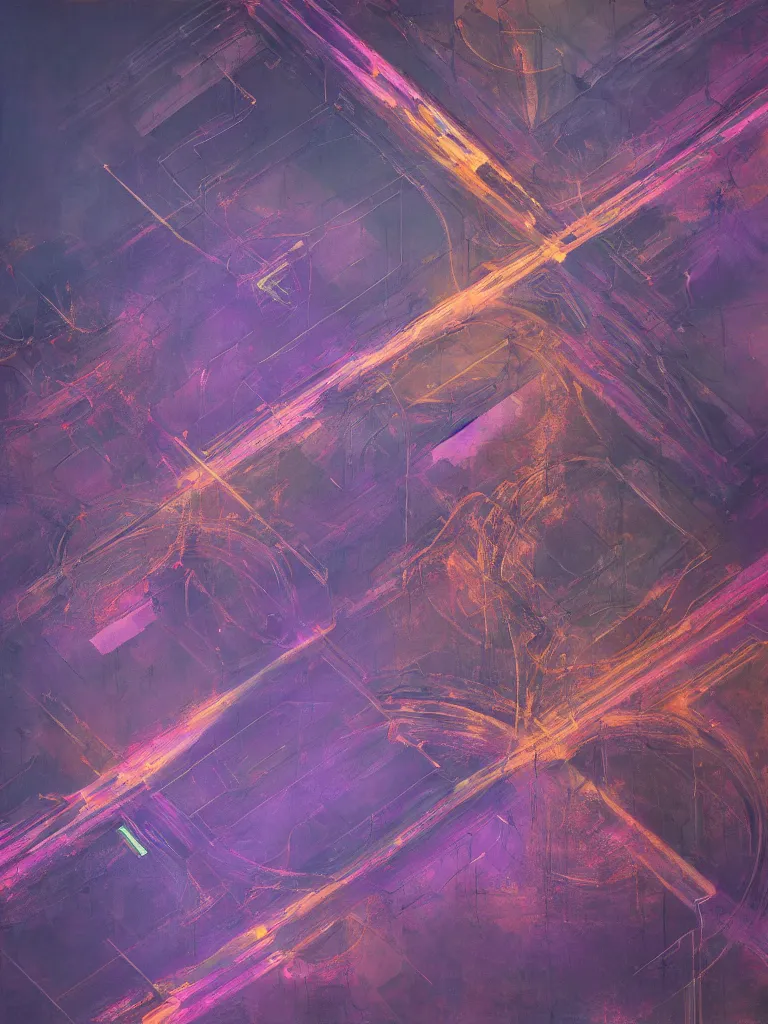 Image similar to a beautiful abstract painting by peter vahlefeld of a drone view of a highway intersection, color bleeding, pixel sorting, copper oxide material, brushstrokes by jeremy mann, zenith lighting, pastel purple background, square shapes