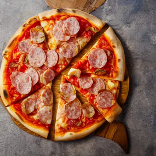 Prompt: Proper Italian pizza with salami and tomatoes piling on top, morning hard light, professional food photography, 80mm, top down