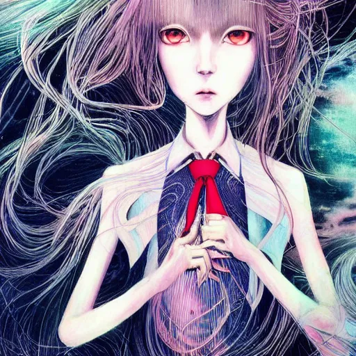 Image similar to yoshitaka amano realistic illustration of a sinister anime girl with big eyes and long wavy blue hair wearing dress suit with tie and surrounded by abstract junji ito style patterns in the background, blurred and dreamy illustration, noisy film grain effect, highly detailed, oil painting with expressive brush strokes, weird portrait angle