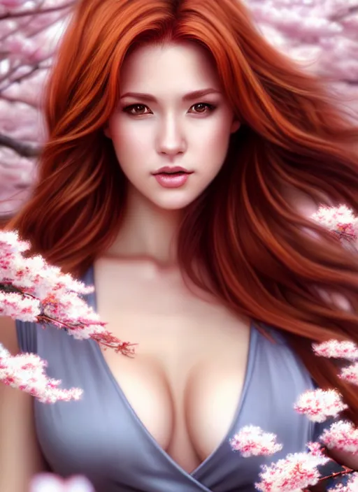 Prompt: photo of a gorgeous female with auburn hair in the style of stefan kostic, realistic, full body shot, sharp focus, 8 k high definition, insanely detailed, intricate, elegant, art by stanley lau and artgerm, cherry blossoms background