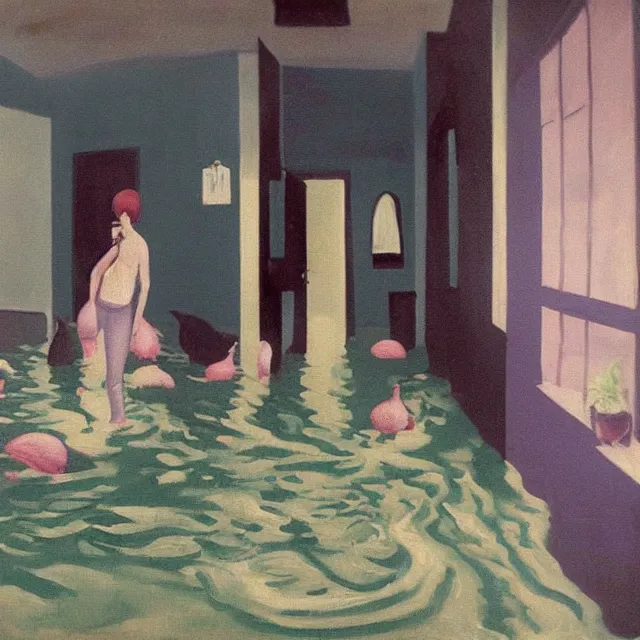 Image similar to tall female emo artists in their flooded apartment, painting of flood waters inside an artist's home, a river flooding indoors, pomegranates, pigs, ikebana, zen, water, octopus, river, rapids, waterfall, black swans, canoe, berries, acrylic on canvas, surrealist, by magritte and monet