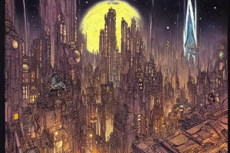 Image similar to fantasy illustration, Night City on Coruscant by m w kaluta
