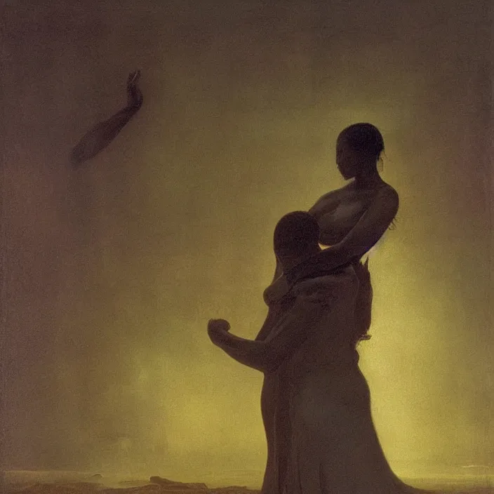 Prompt: painting of a woman grabbing the soul of a dark - skinned man by caspar david friedrich, at night, eerie, supernatural