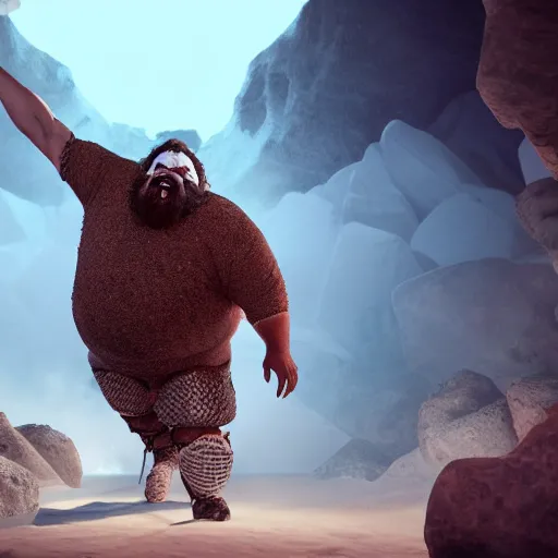 Image similar to highly detailed octane render of a short fat ugly man with a giant beard wearing goggles and armour and screaming and running in a cave whilst being chased by large insects