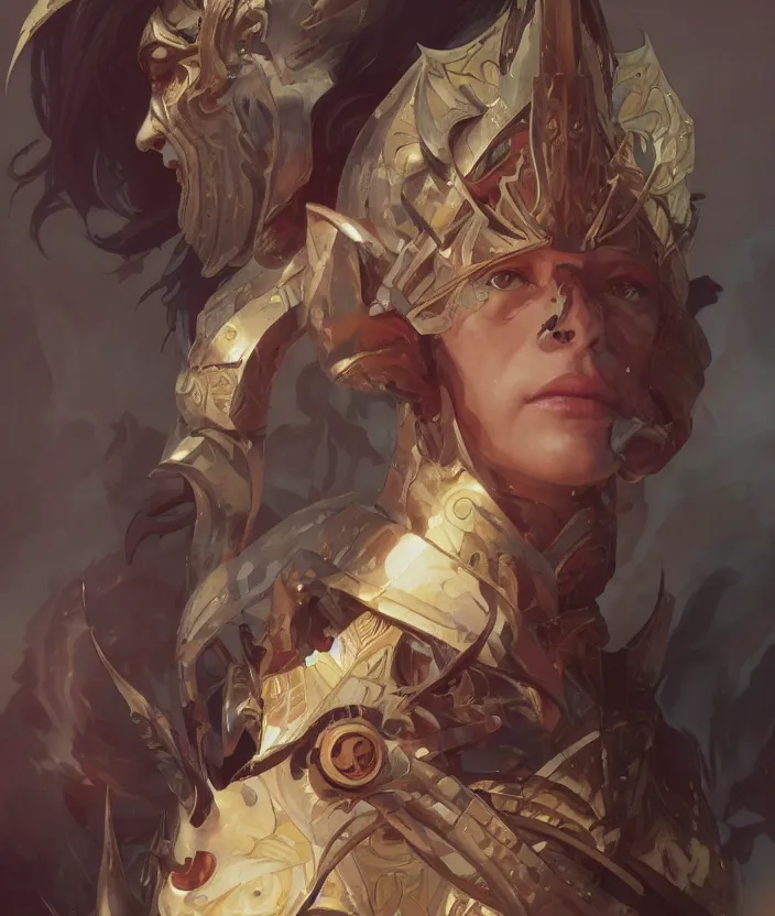 Image similar to excellent painted portrait of the grand demon tyrant, symmetry, 4k, trending on artstation, octane render, art by artgerm and greg rutkowski and alphonse mucha and craig mullins and James Jean and Andrei Riabovitchev and Marc Simonetti and peter mohrbacher