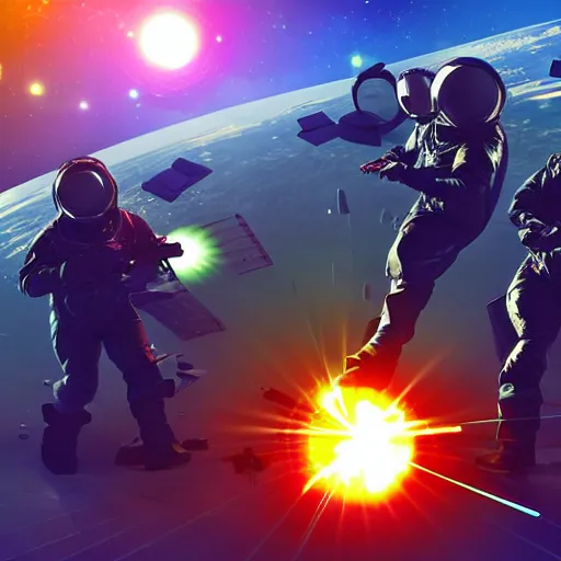 Prompt: futuristic soldiers in spacesuits firing lasers in zero gravity, floating polygon shapes as obstacles, surrounded by a laser grid