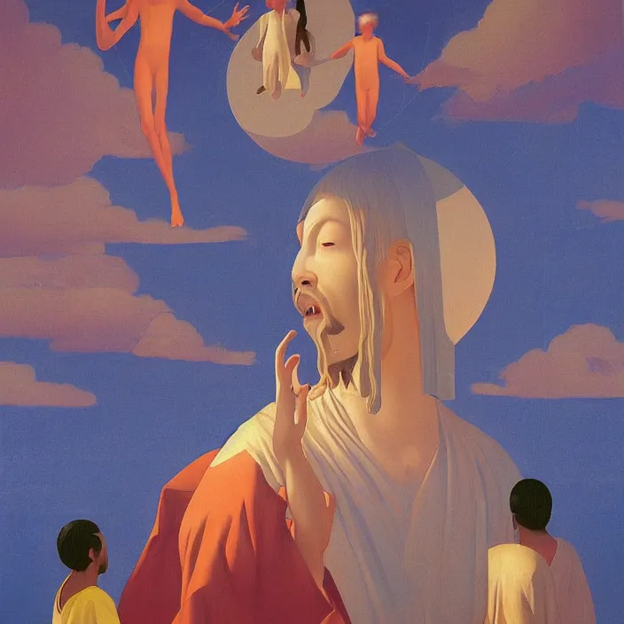 Image similar to three UFOs hovering over an African Jesus, painting by Hsiao-Ron Cheng, colorful,