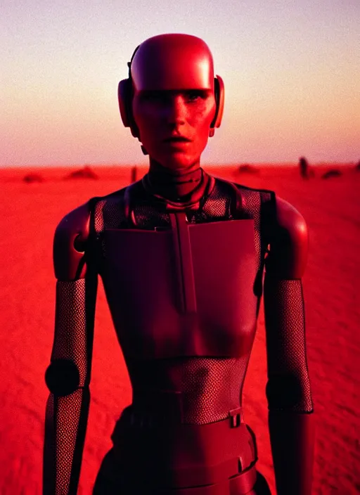 Image similar to cinestill 5 0 d candid photographic portrait by steve mccurry of loving female androids wearing rugged black mesh techwear on a desolate plain with a red sky, extreme closeup, modern cyberpunk, dust storm, 8 k, hd, high resolution, 3 5 mm, f / 3 2, ultra realistic faces, ex machina