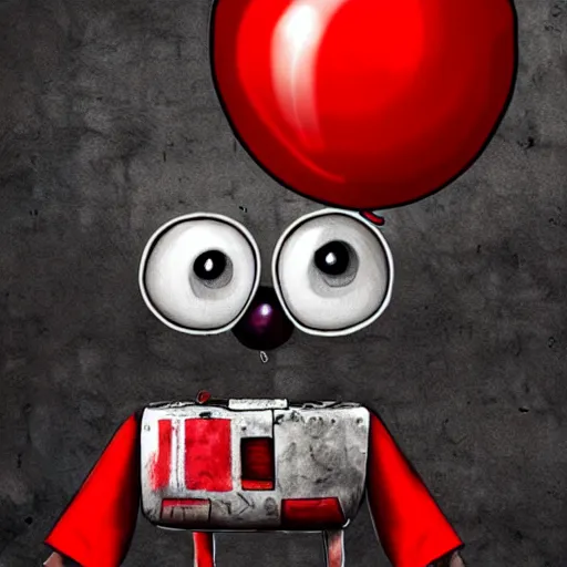 Prompt: surrealism grunge cartoon portrait sketch of wall-e with a wide smile and a red balloon by - michael karcz, loony toons style, pennywise style, horror theme, detailed, elegant, intricate