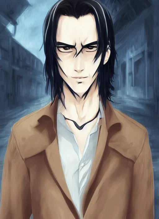 Prompt: anime style portrait illustration, handsome male vampire, focus on face, pretty, cinematic lighting, painterly, long black hair, dark blue shirt and light brown trenchcoat