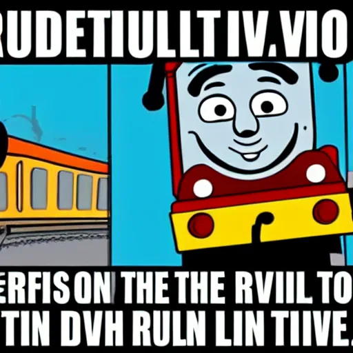 Prompt: A representation of the trolley problem featuring Thomas the Tank engine: should you pull the lever to divert the runaway trolley onto the side track?