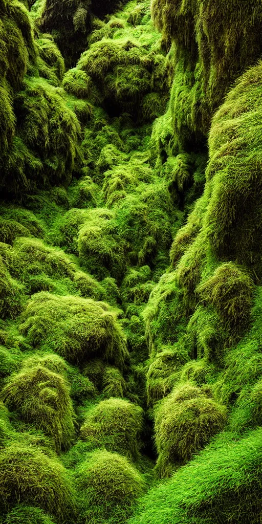 Image similar to dream looking through, a hyper realistic photograph fertile, lush mossy ferns canyon, ferns, minimalist structure, misty, raining, icelandic valley, in the style of reuben wu, roger deakins