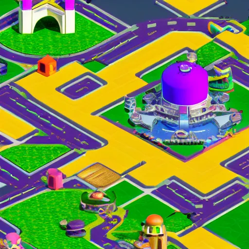 Image similar to isometric aerial view of a new mario kart 64 level, featuring the eye of sauron, helm's deep, and barney the purple dinosaur