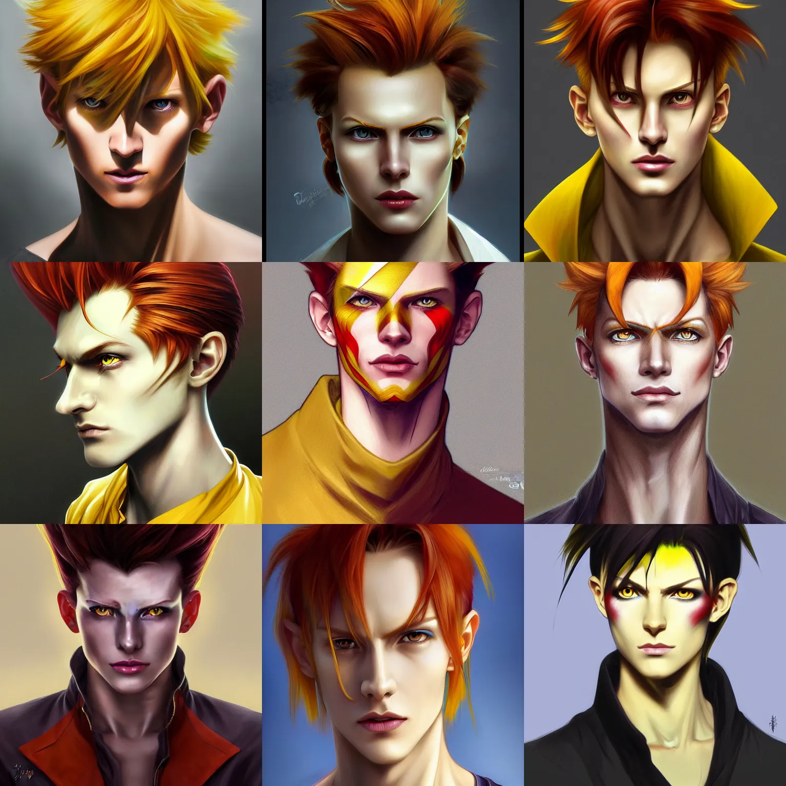 Prompt: portrait of hisoka morow hunter hunter, 2 0 years old, male, very very sharp jaw yellow eyes very very narrow yellow iris red hair soft hair slicked back crimson medium length hair, bowie, anime highly detailed, digital painting, artstation, concept art, matte, sharp focus, illustration, art by artgerm and greg rutkowski and alphonse mucha