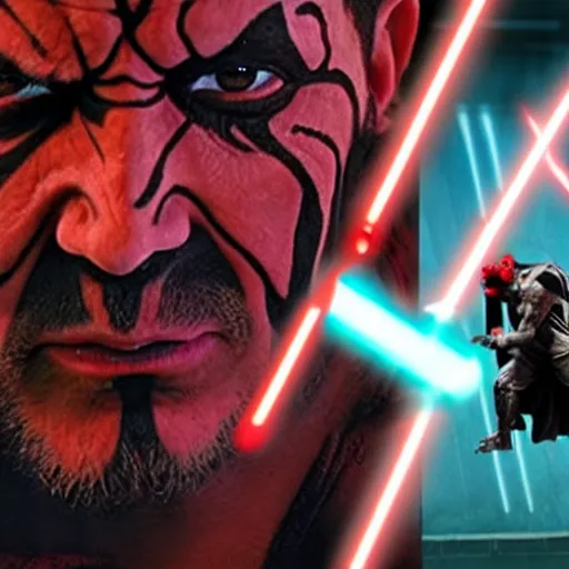 Prompt: an epic duel between darth maul and barney t