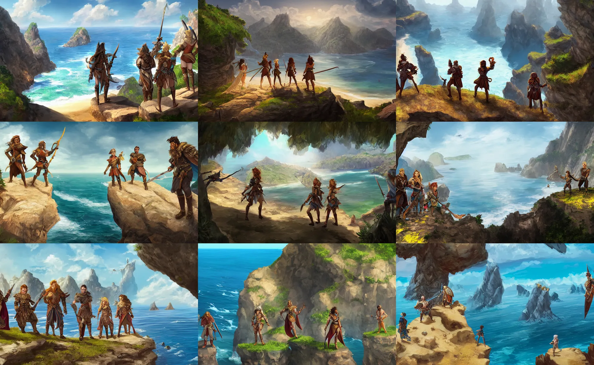 Prompt: four dnd adventurers standing on a cliff looking at the beach, sunny, fantasy art, epic, 4 k