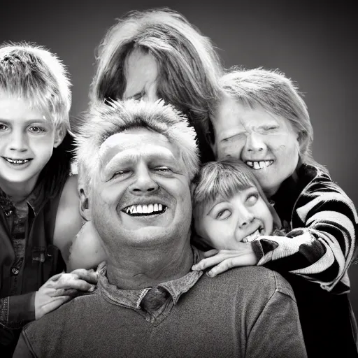 Prompt: family portrait studio of ugly family big rond eyes bad rotten teeth and smile, horrible scary family laughter by Chris Cunningham, mountain landscape background,, very detailed, grainy image