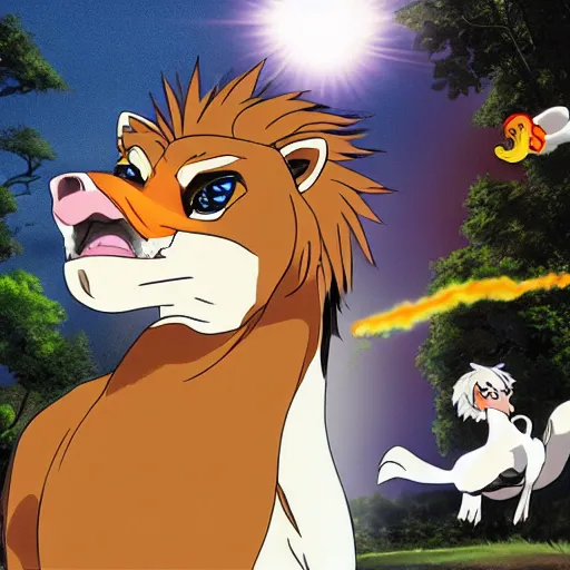 Prompt: a ultra realistic anime school boy fighting a lion duck above tokyo