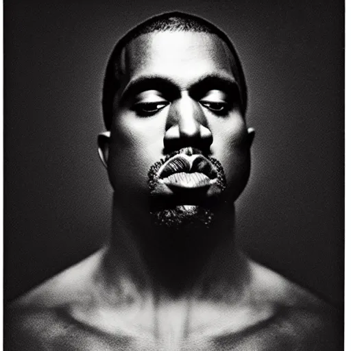 Image similar to a ( ( ( ( ( ( ( ( ( ( ( ( ( ( ( ( chiaroscuro lighting portrait ) ) ) ) ) ) ) ) ) ) ) ) ) ) ) of kanye west dressed as rick owens, black background, portrait by julia margaret cameron, shallow depth of field, 8 0 mm, f 1. 8