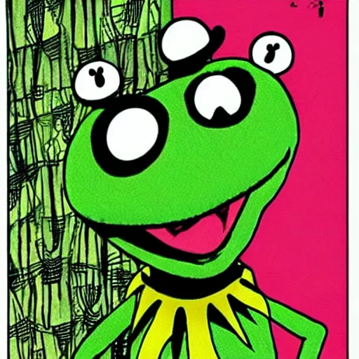 Image similar to Kermit the Frog in a manga by Junji Ito, illustration, creepy, frightening