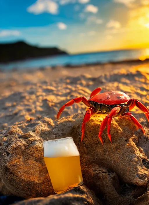 Image similar to a happy crab beside a beer at the beach, golden hour, bokeh, 4k