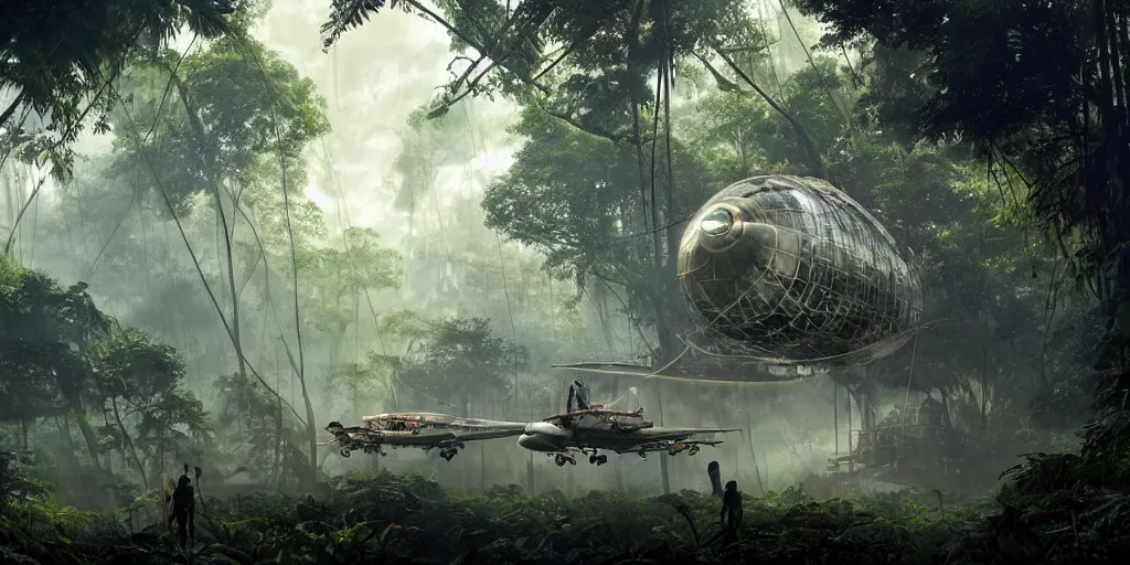 Image similar to avatar airship cyberpunk in the jungle, people repairing ship, industrial maintenance shuttle vehicle vast botanical gardens, forest, jungle, fps, cinematography, photo, photography, 4 k, by greg rutkowski, roger deakins