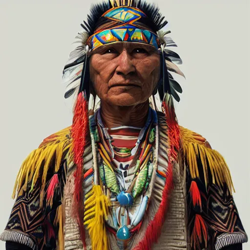 Prompt: abstract 3d portrait Native American in his traditional clothes age 40 by james jean and Jason Chan, rendering, redshift, octane