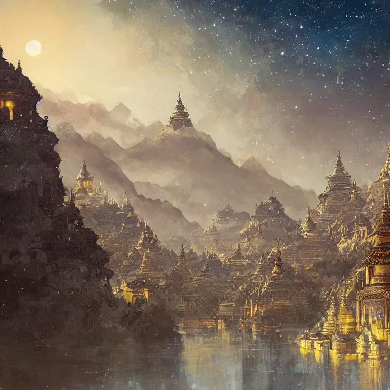 Image similar to a beautiful painting of the view from the river of the domes and towers of the ancient tibetan carved stone city, under the night sky with stars, intricate, elegant, highly detailed, digital painting, artstation, concept art, by krenz cushart and artem demura and alphonse mucha