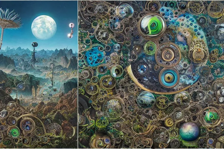 Prompt: a surreal and awe - inspiring science fiction planet overrun with fidget spinners, intricate, ornate, highly detailed fidget spinners, matte painting by ernst haeckel and simon stalenhag