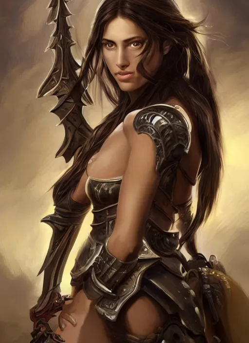 Image similar to a professionally painting of an attractive young girl, partially clothed in battle armor, olive skin, long dark hair, beautiful bone structure, perfectly proportioned, nubile body, symmetrical facial features, intricate, elegant, heroic pose, digital painting, concept art, smooth, sharp focus, finely detailed, beautifully framed, from the game Diablo, in the style of Artgerm and Greg Rutkowski and William-Adolphe Bouguerea