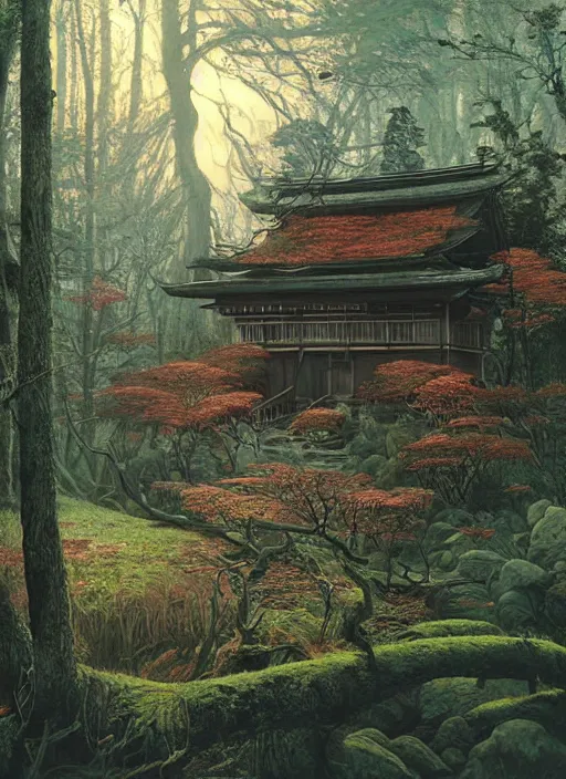 Image similar to hyper realistic witch cottage japanese shrine in the woods gorgeous lighting, highly detailed, lush forest painting by zdzisław beksinski and norman rockwell and greg rutkowskiweta studio, and lucasfilm