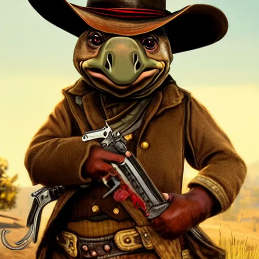 Image similar to cute little anthropomorphic tortoise in Red Dead Redemption 2 (2018 videogame) cover art, ultra wide lens shot , tiny, swine, hug, small, short, cute and adorable, pretty, beautiful, DnD character art portrait, matte fantasy painting, DeviantArt Artstation, by Jason Felix by Steve Argyle by Tyler Jacobson by Peter Mohrbacher, cinematic lighting