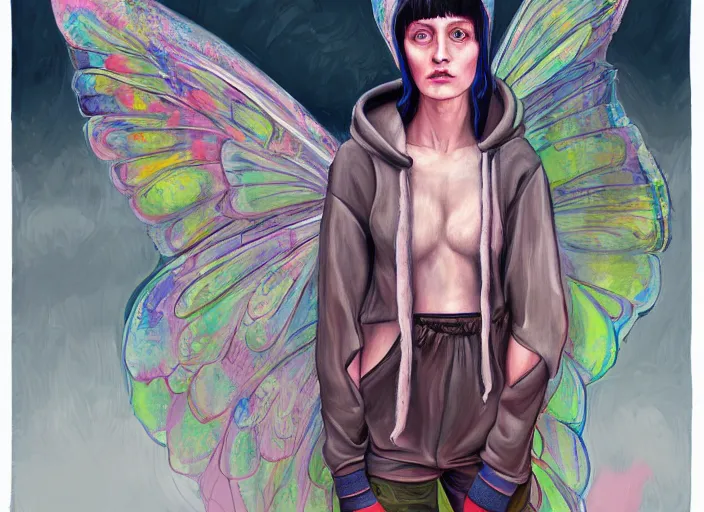 Image similar to a painting by martine johanna of a fairy with big wings wearing a hoodie standing in a township street in the style of jenny saville, street fashion outfit, haute couture fashion shoot, fairy, d & d, fantasy sticker illustration, artstation