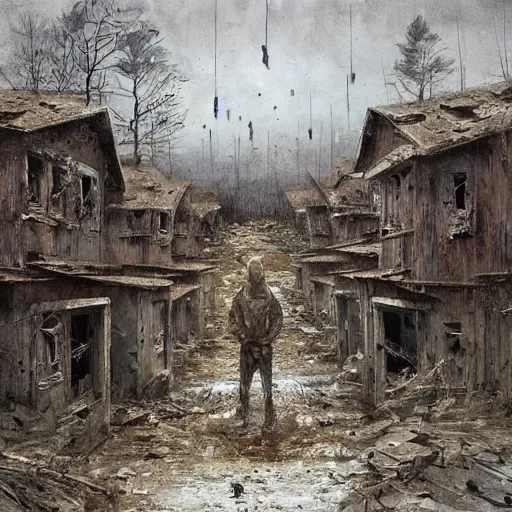 Image similar to painting of a abandoned post soviet town infested with humanoid root monsters by jakub rozalski