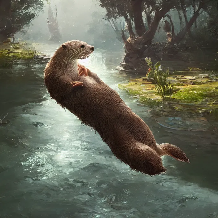 Image similar to a detailed painting of a cute otter at a river. character design by cory loftis, fenghua zhong, ryohei hase, ismail inceoglu and ruan jia. volumetric light, detailed, rendered in octane