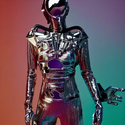 Image similar to conde nast traveler photo, inside a futuristic minimalist alien jungle made out of shiny reflective chrome, futuristic android with limbs made out of stretchy rubber tubing mixed with shiny colorful giant intricate detailed chrome gauntlets and chest piece and gladiator helmet, wearing a long purple velvet cape, fog and mist