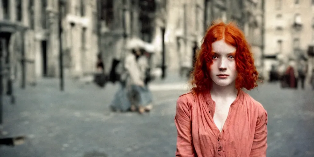 Image similar to a young red haired woman with freckles looks deeply into the camera, 1920's london street, velvia 100, 50mm, f4.0, 1920's style photo