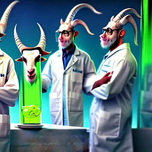 Image similar to a mad scientist goat in lab coats mixing acids, digital art, trending on artstation and unreal engine, deviantart, smooth, hyper detailed, award - winning, hd