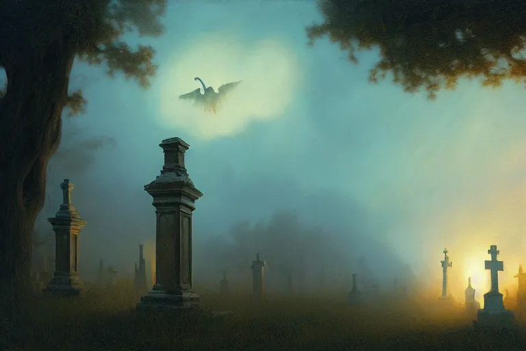 Image similar to casper the friendly ghost flying over a graveyard at midnight, cinestill, painted by james jean and gaston bussiere, backlight, fog, mist, trending on artstation