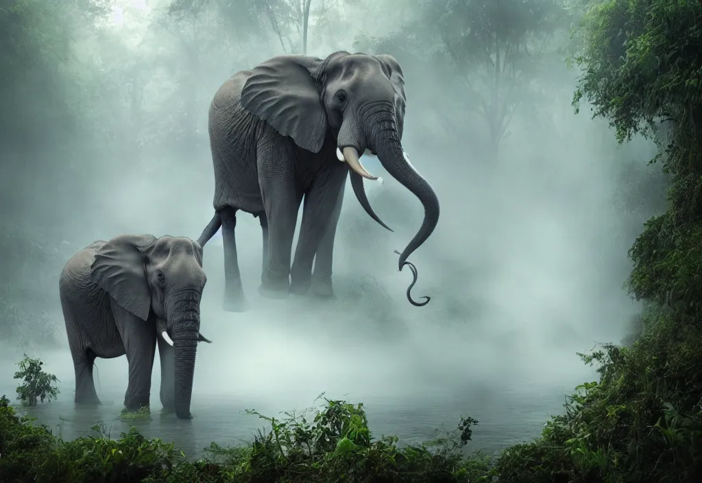 Image similar to an enormous elephant king, huge tentacles, in a jungle with ominous light from above, ambient light, fog, river, symmetrical, poetic