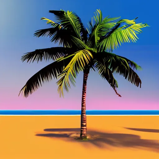 Prompt: lone palm tree on a lonely island in the sea, concept art, illustrated, highly detailed, high quality, bright colors, optimistic,