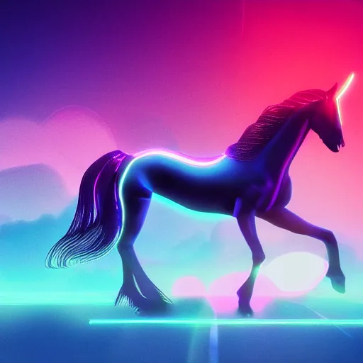 Image similar to A synthwave horse inspired by Tron. Trending on Artstation. Digital screenshot. Faded film grain. 1980s Computer Graphics.