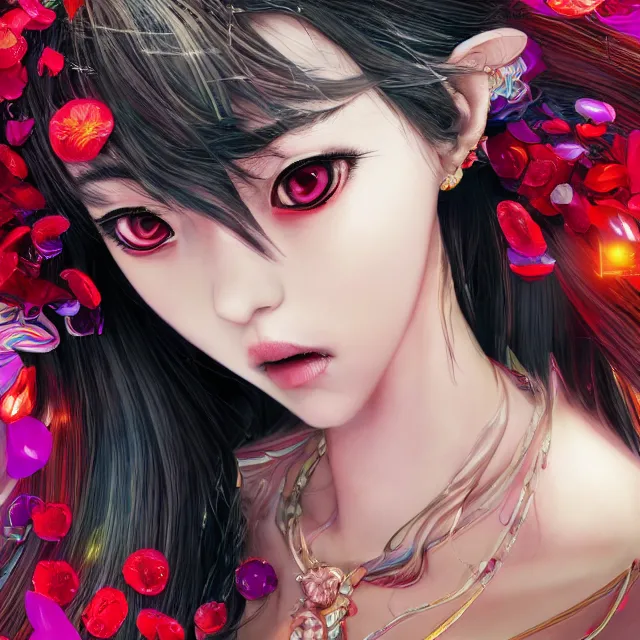 Prompt: studio portrait absurdly beautiful, elegant, lovely, young hypercolorful sensual anime woman rubies red petals gems, ultrafine hyperrealistic detailed face illustration by kim jung gi, irakli nadar, intricate linework, sharp focus, bright colors, matte, octopath traveler, final fantasy, unreal engine highly rendered, global illumination, radiant light, intricate rainbow environment