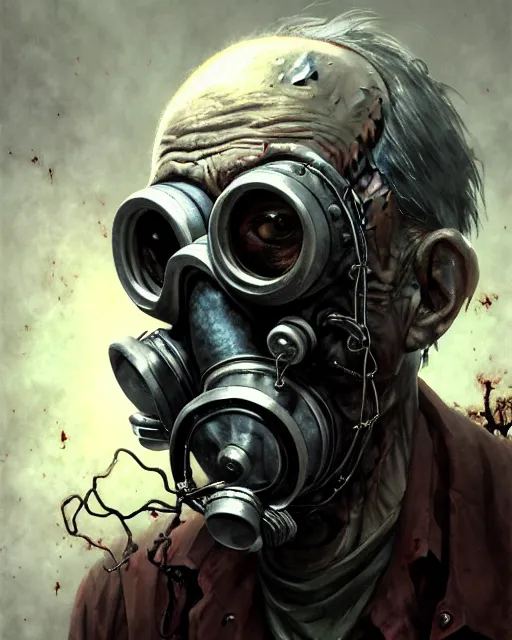 Image similar to a male zombie with gasmask old man | | elderly - face, wrinkled face, realistic shaded perfect face, fine details. anime. tentacles, cthulu, eldritch abomination, dunwitch horror, realistic shaded lighting poster by greg rutkowski, magali villeneuve, artgerm, jeremy lipkin and michael garmash and rob rey