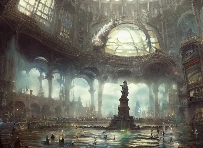 Prompt: A bustling beautiful city on the sea floor in a glass dome, anime, fountain, statue, underwater, rapture, fish flying over head, godrays, a fantasy digital painting by Greg Rutkowski and James Gurney, trending on Artstation, highly detailed