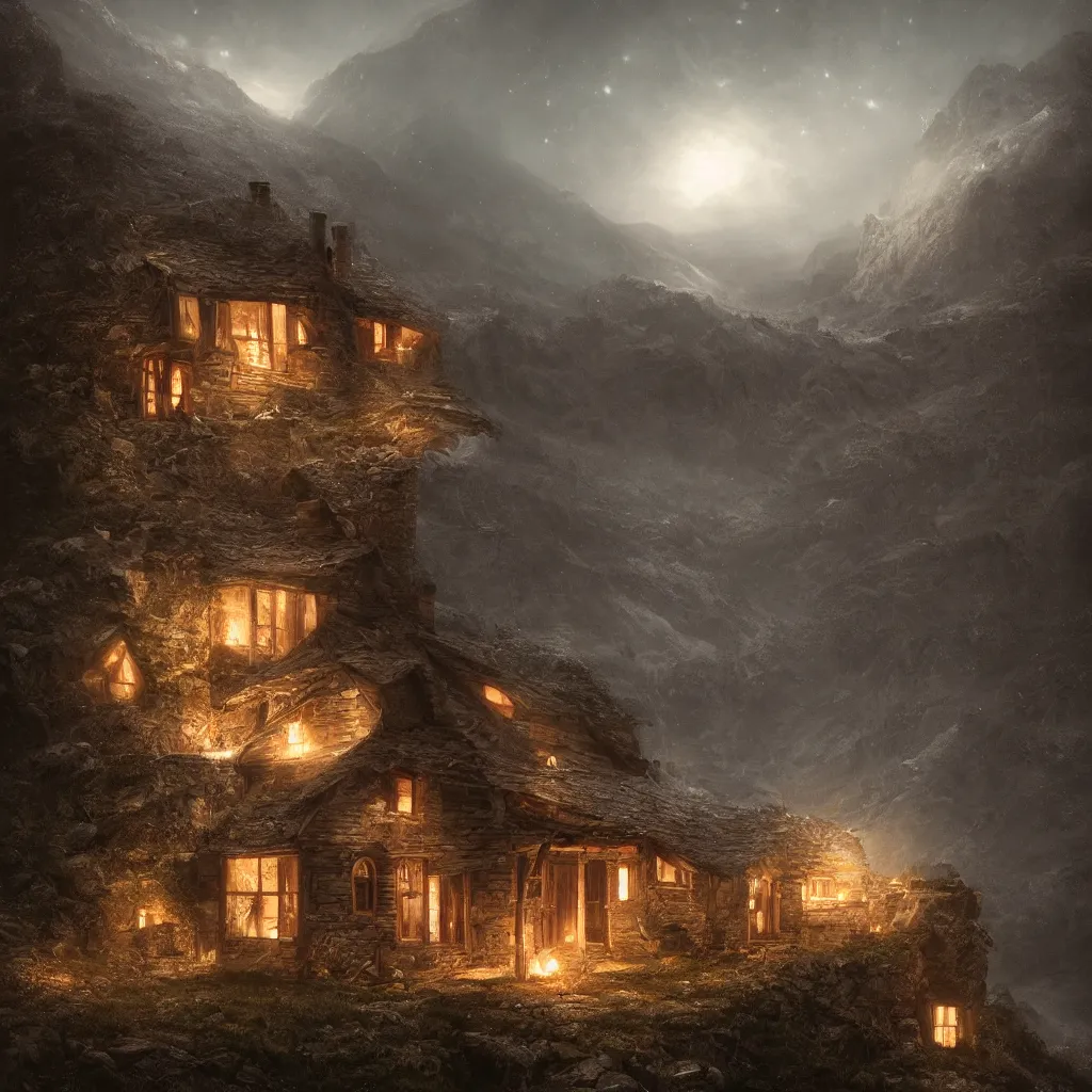 Prompt: A decrepit unlit cottage on a mountaintop at night, lit by a single torch, by Bastien LeCouffe-Deharme, hyperrealistic, V-Ray 8k UHD