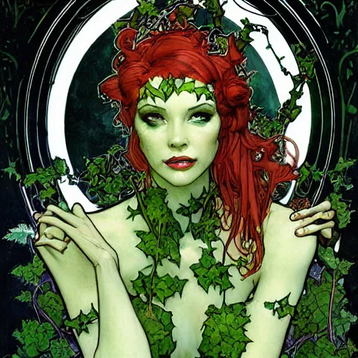 Image similar to a beautiful painting of poison ivy dressed as a martian princess, dark eyeliner, intricate, elegant, highly detailed, digital painting, artstation, concept art, matte, sharp focus, illustration, art by rebecca guay and by arthur rackham and by alphonse mucha and by john william waterhouse