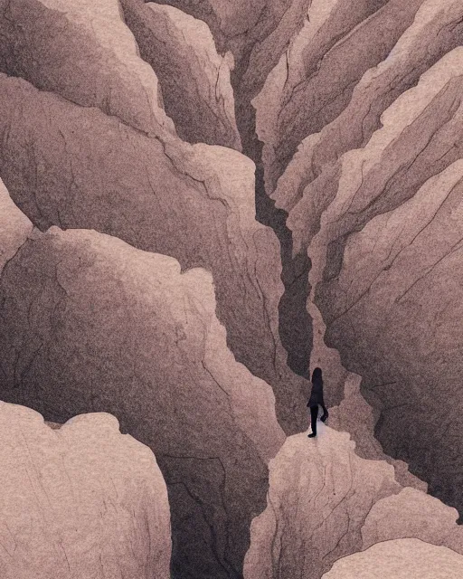 Image similar to a small person standing in the middle of a canyon, illustration